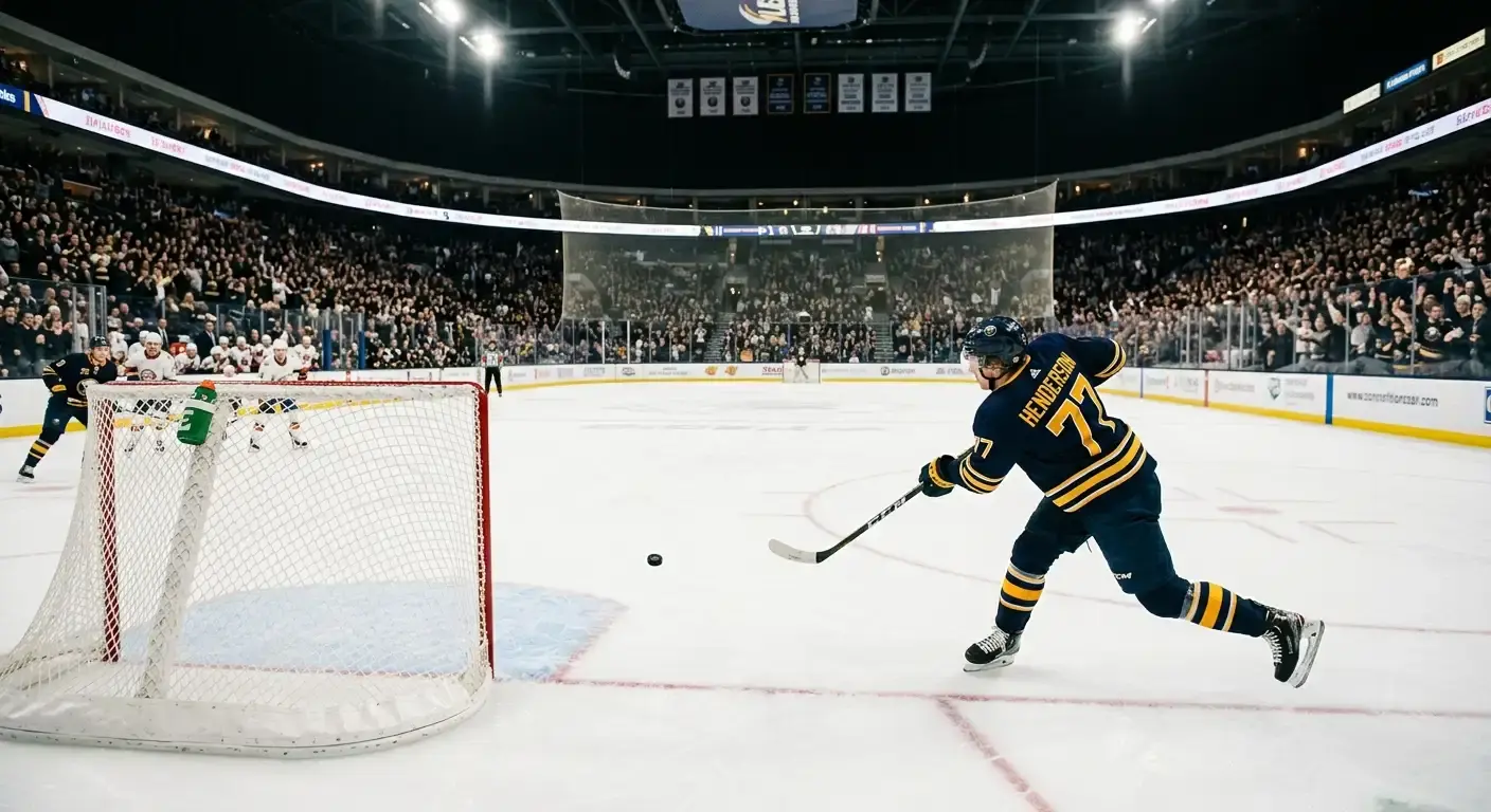 Hockey player scoring into an empty net to seal a two-goal victory for puck line bettors
