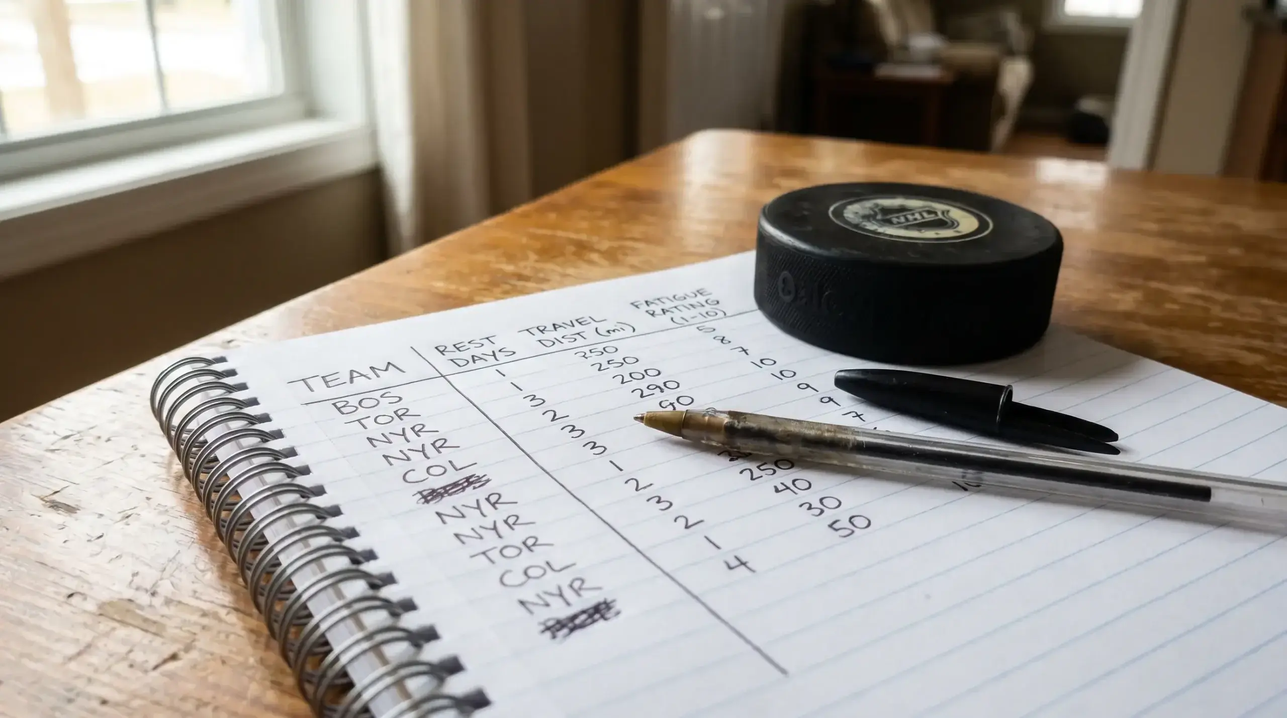 Handwritten betting notebook tracking NHL rest days and schedule fatigue spots