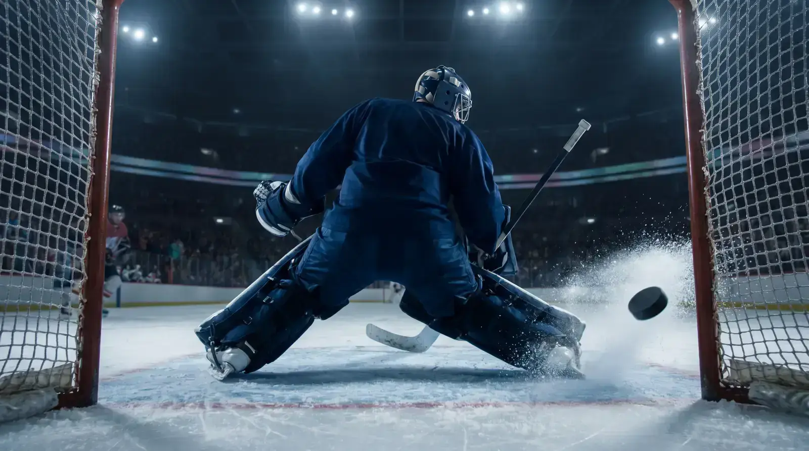 NHL goaltender making a butterfly save during a game