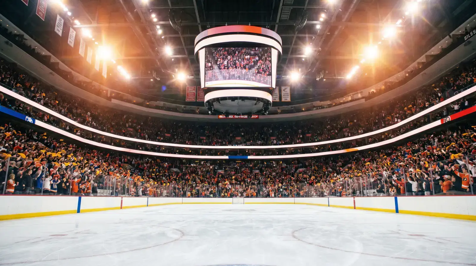 Sold-out NHL arena with passionate home crowd creating an electric atmosphere