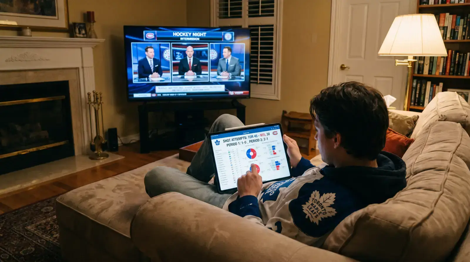 Hockey fan reviewing shot stats and live odds on a tablet during an NHL intermission break