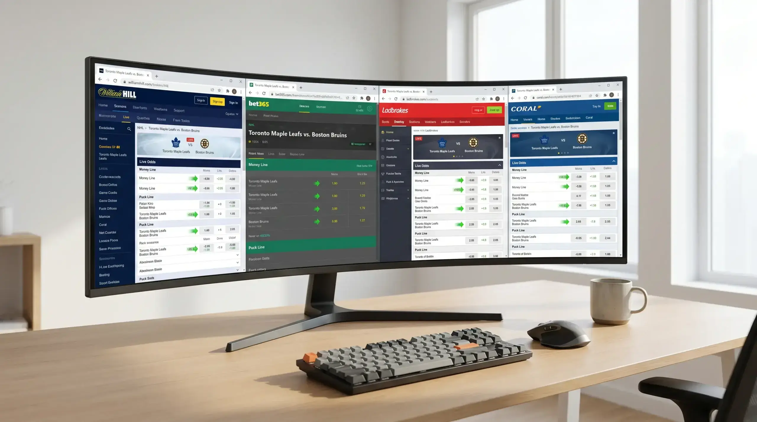 Multiple browser tabs open showing different NHL moneyline odds at UK bookmakers