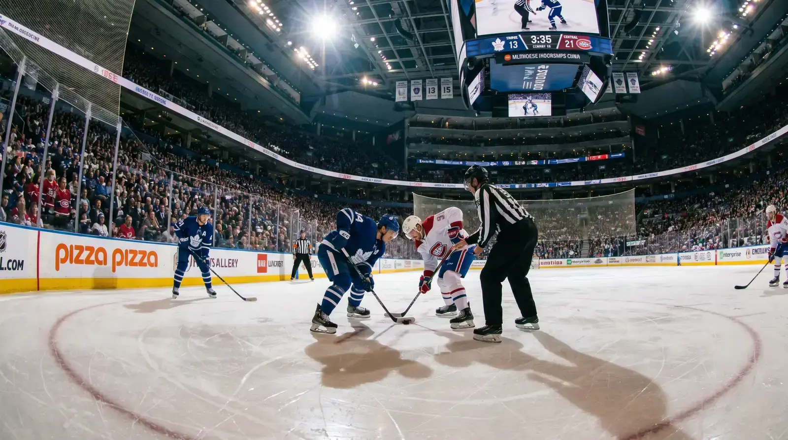 Evening NHL game with players lining up for a faceoff under arena lights