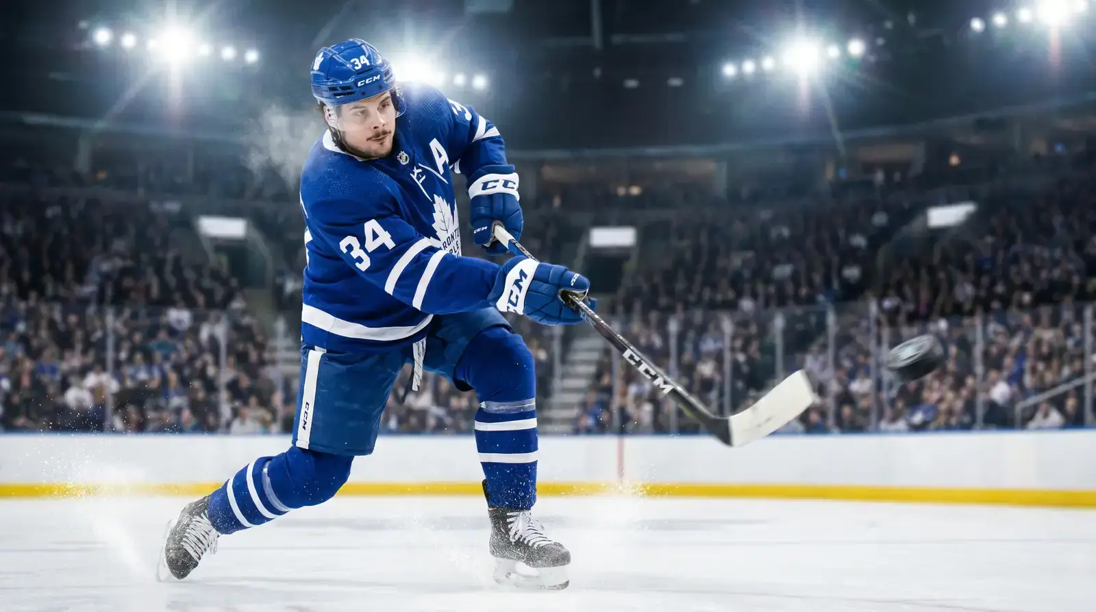 NHL forward taking a shot on goal during a game with player prop betting context