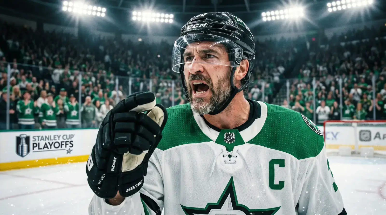 Veteran NHL defenceman directing teammates during a tense playoff game