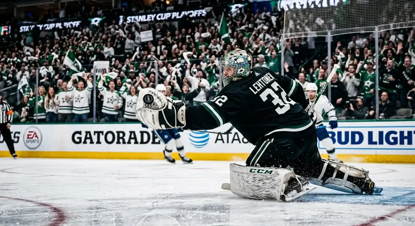 Goaltender making a key save during an NHL playoff game under arena spotlight