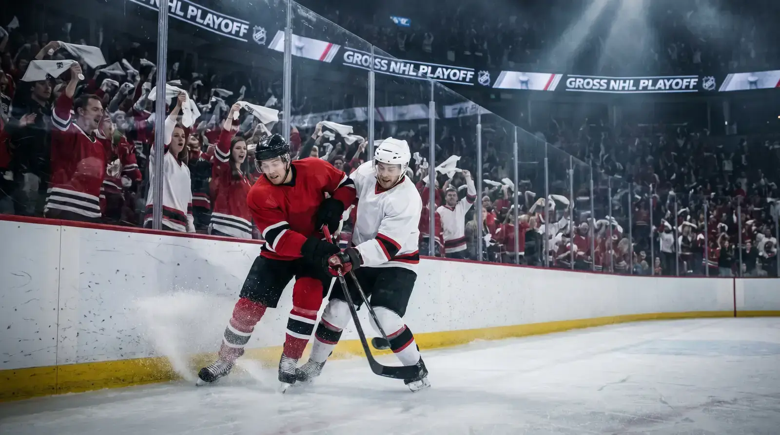 Intense NHL playoff game with packed arena and players battling along the boards