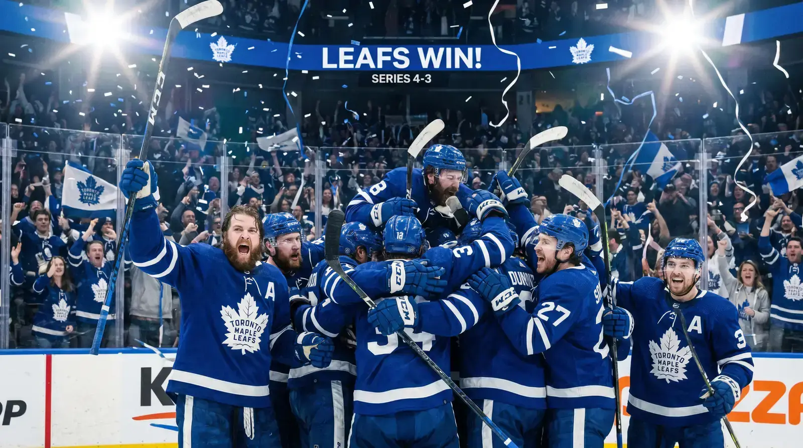 Hockey team lined up on the ice after winning a playoff series with celebrating fans