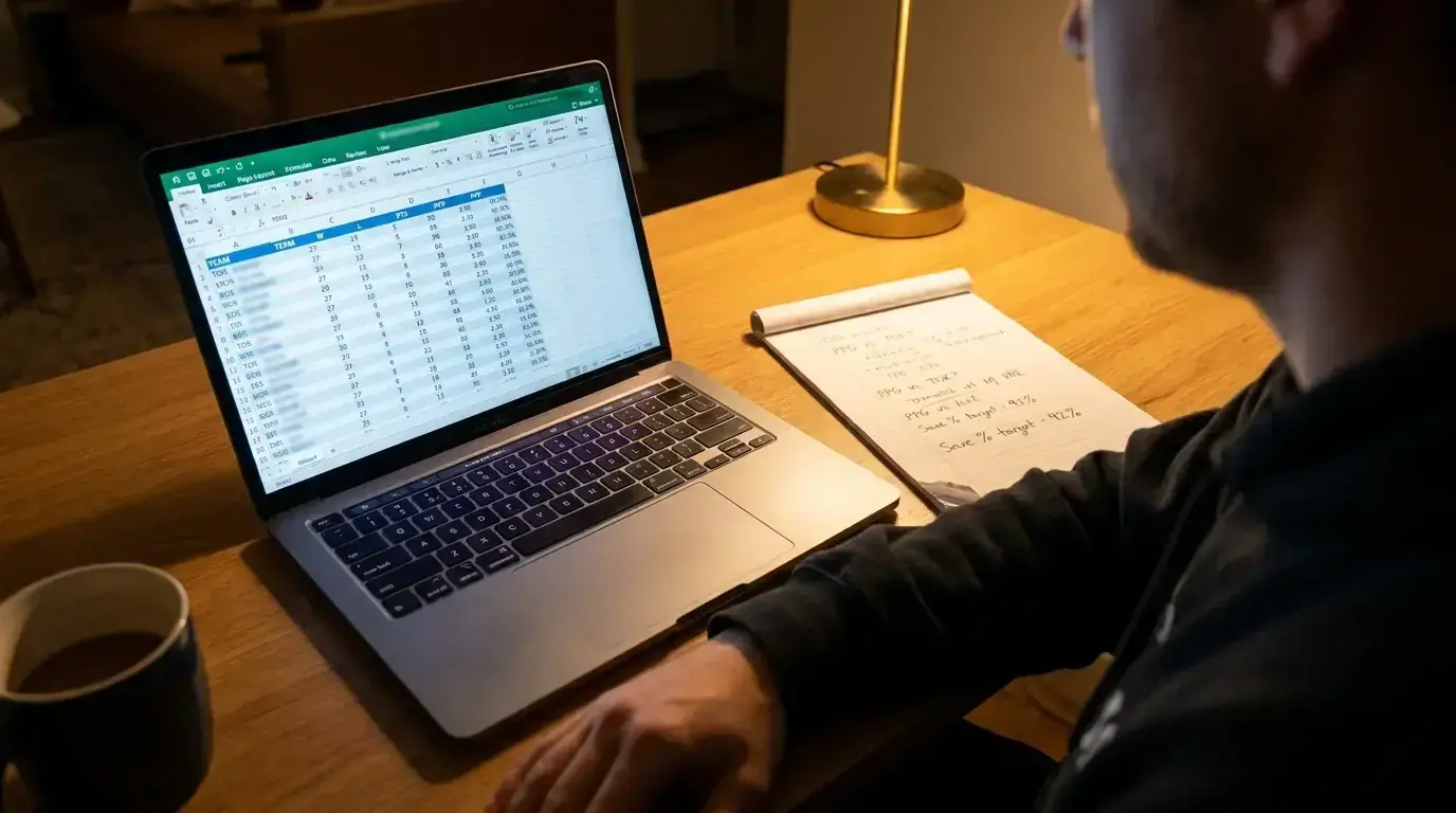 Laptop screen displaying NHL pregame statistical analysis