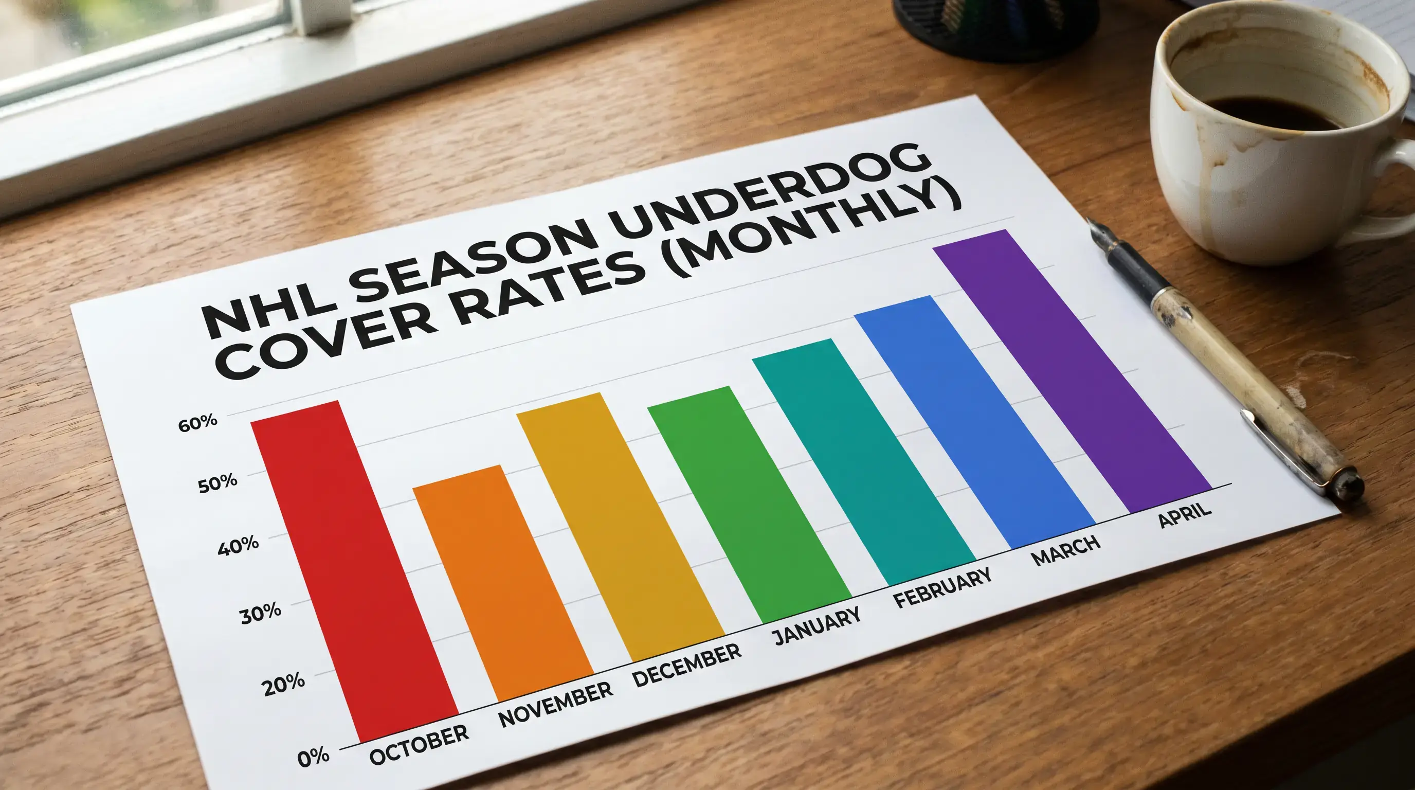 Calendar timeline highlighting mid-season months when underdog puck line covers peak