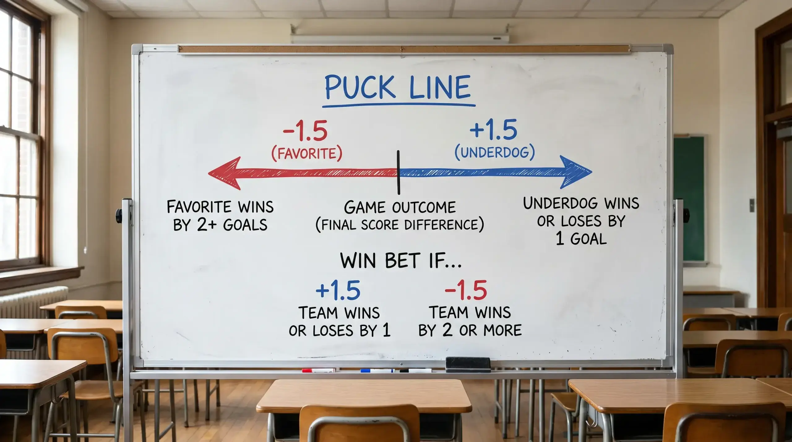 Visual breakdown of a puck line bet showing favourite and underdog spread positions