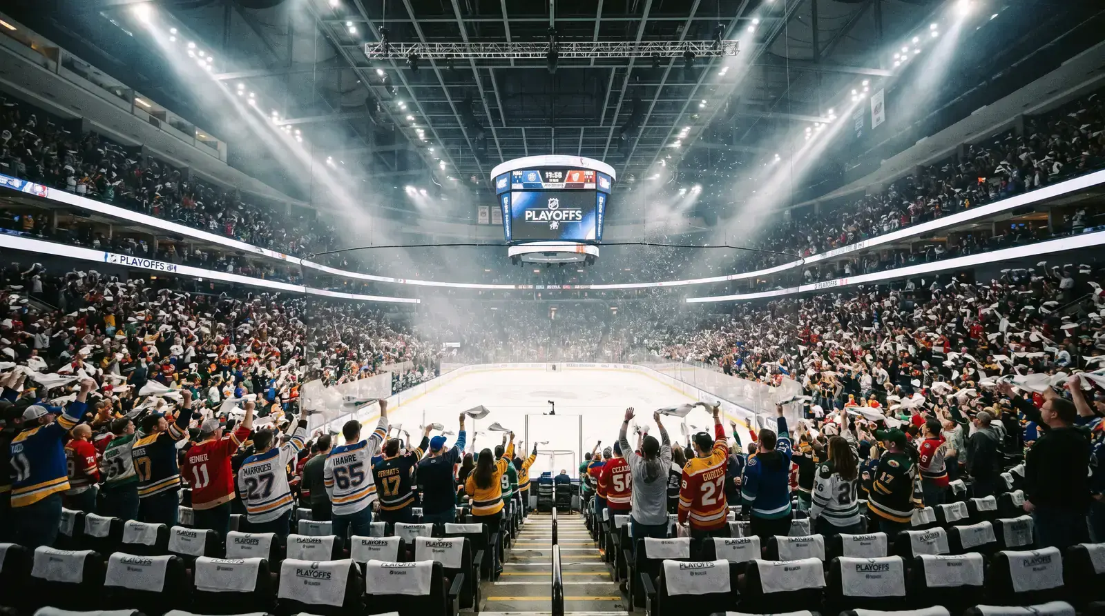 Split image of a regular season and playoff hockey atmosphere showing intensity difference