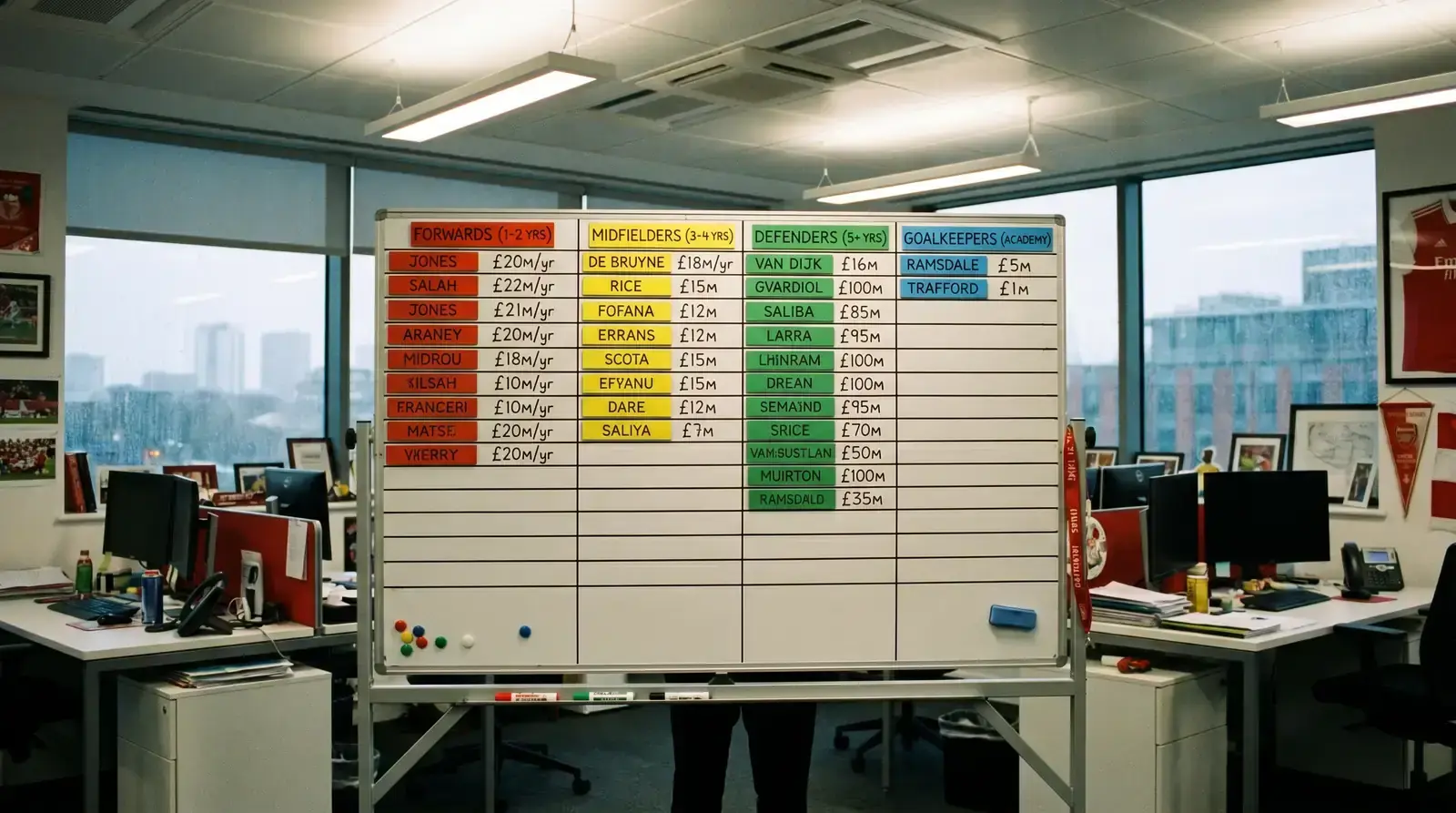Team roster board showing player contracts and remaining salary cap space