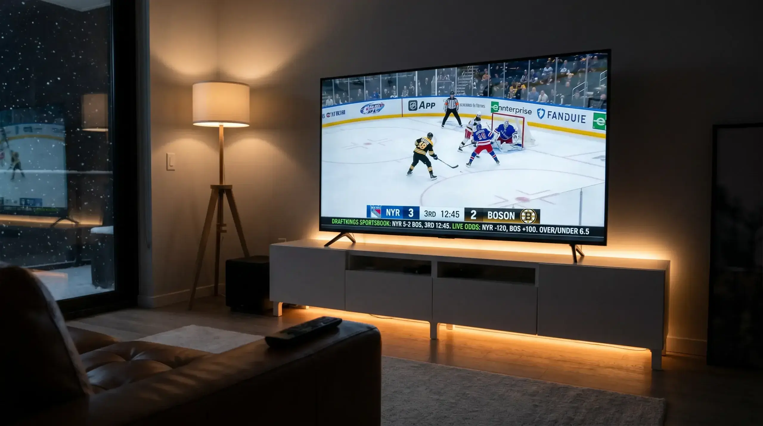 NHL broadcast featuring integrated sportsbook partnership branding on screen