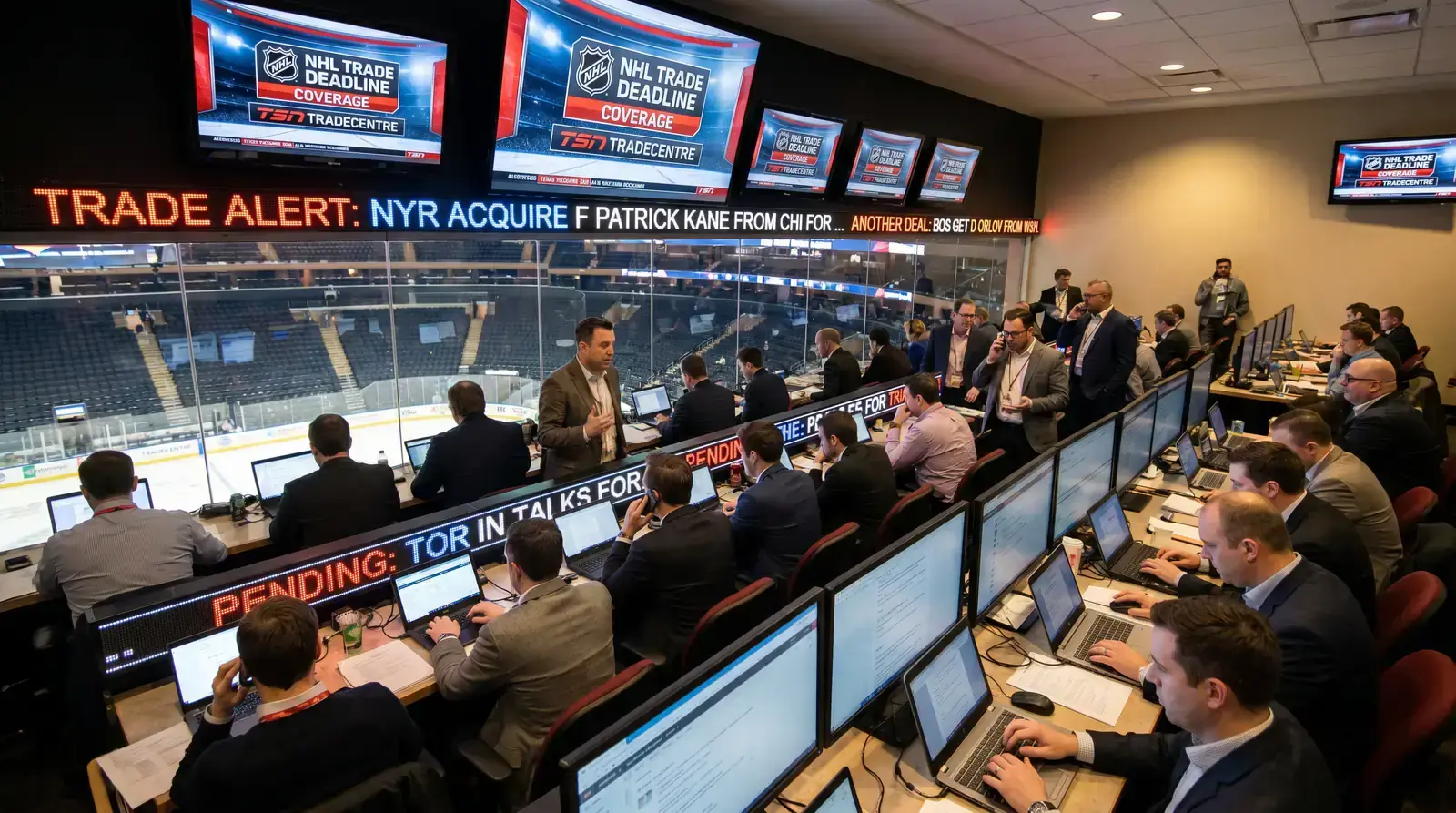 NHL trade deadline day news ticker showing player transactions and shifting odds