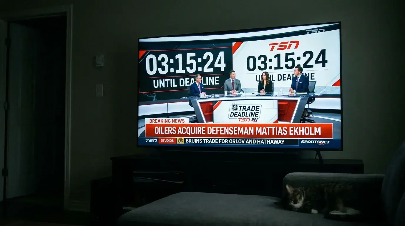 Television broadcast screen showing NHL trade deadline countdown timer with transaction scroll
