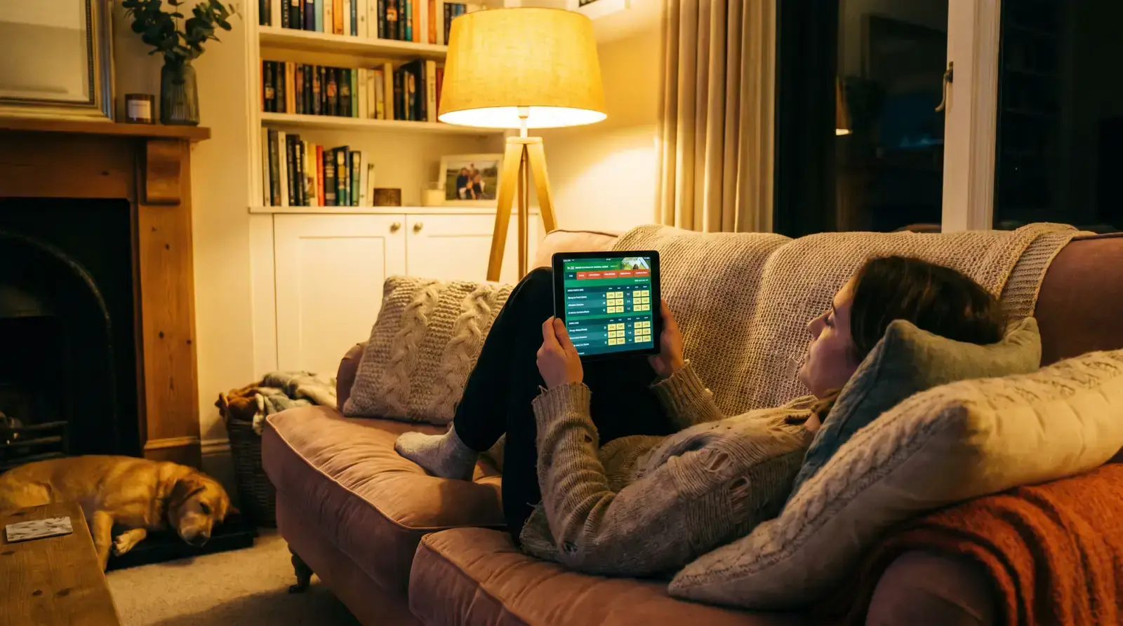 Person on a sofa comparing hockey odds across multiple bookmaker apps on a tablet