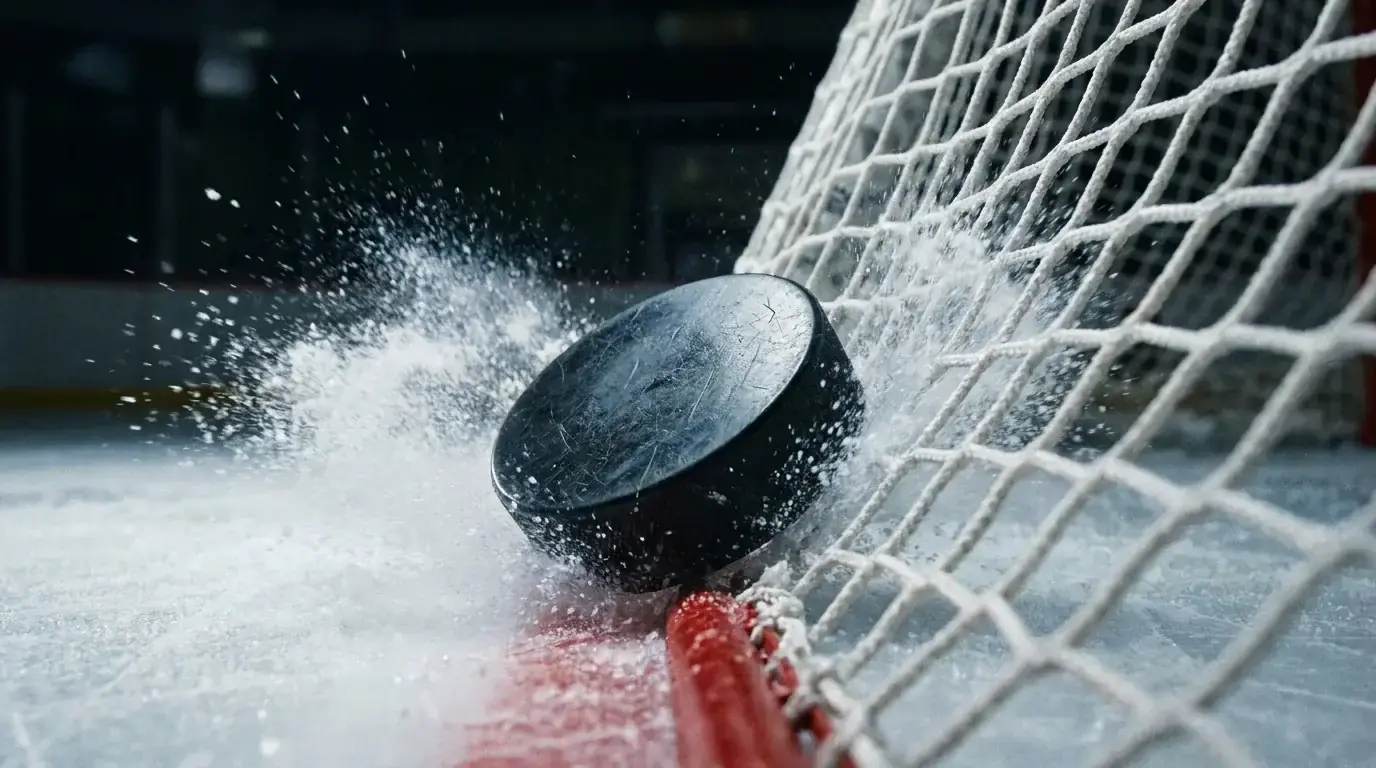 Close-up of a hockey puck crossing the goal line into an empty net