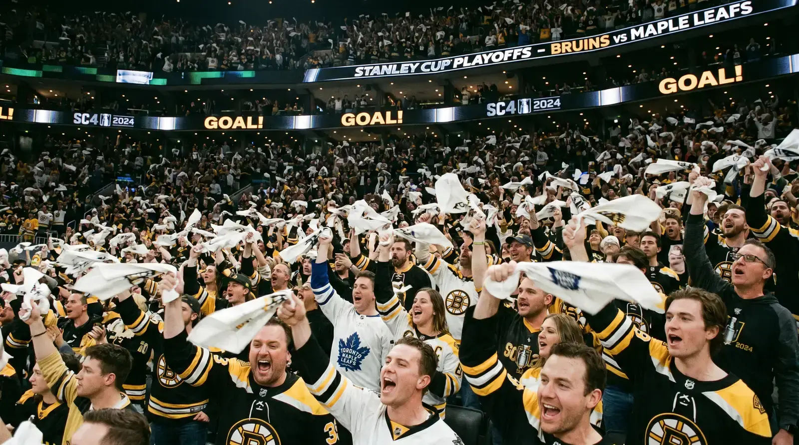 Raucous NHL playoff crowd standing and cheering during a critical moment