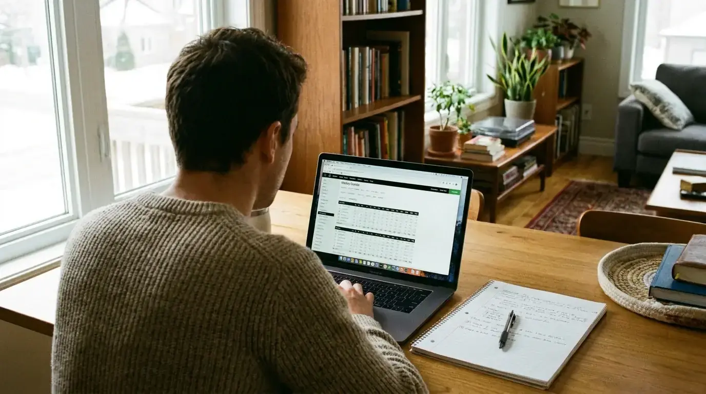 Bettor reviewing hockey statistics on a laptop with a notebook beside it