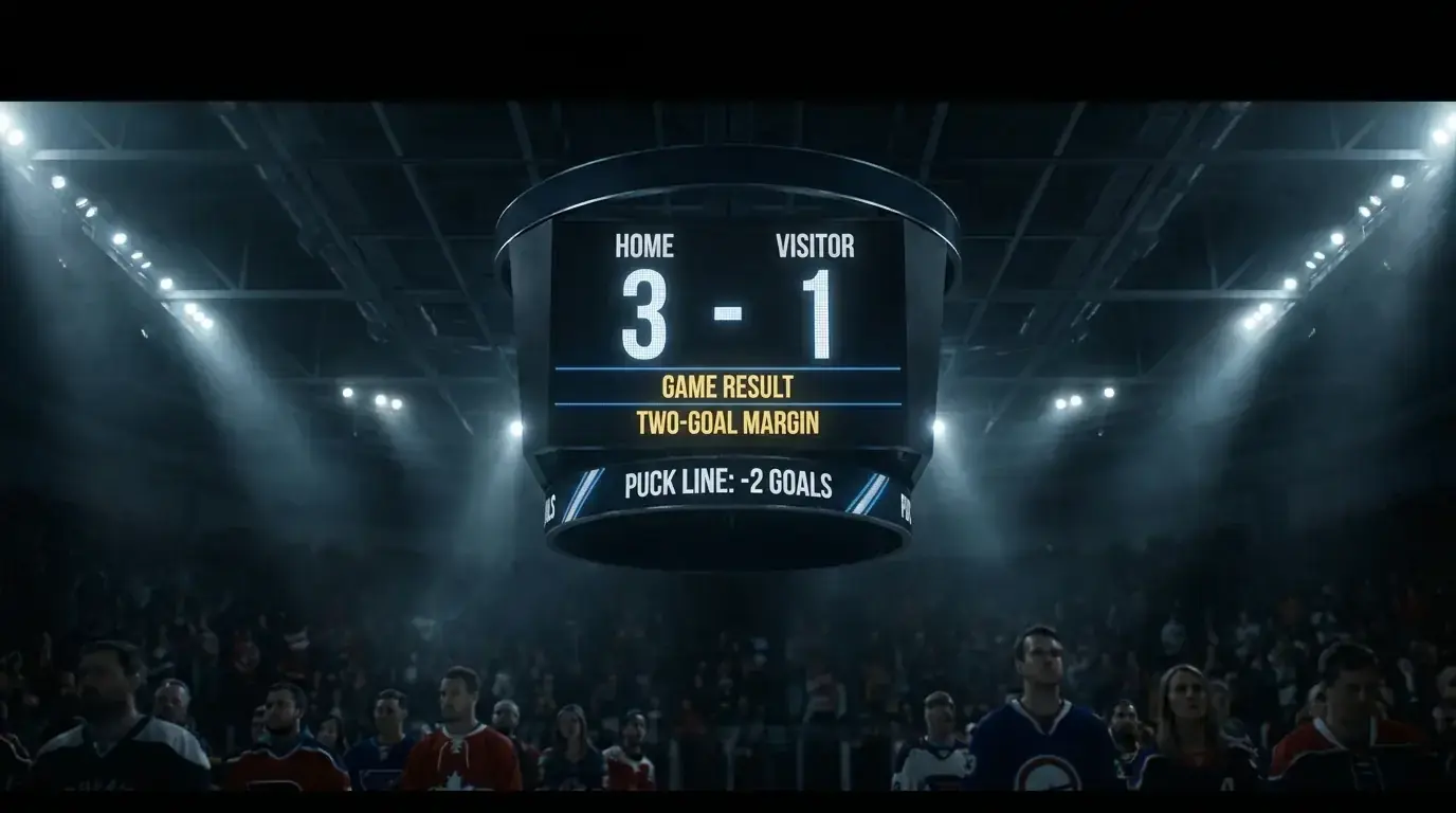 NHL scoreboard showing a two-goal margin with puck line spread overlay