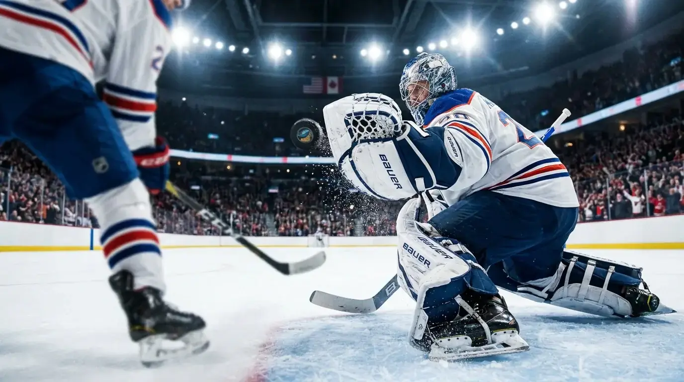 Goalie making a glove save on a high shot during an NHL game