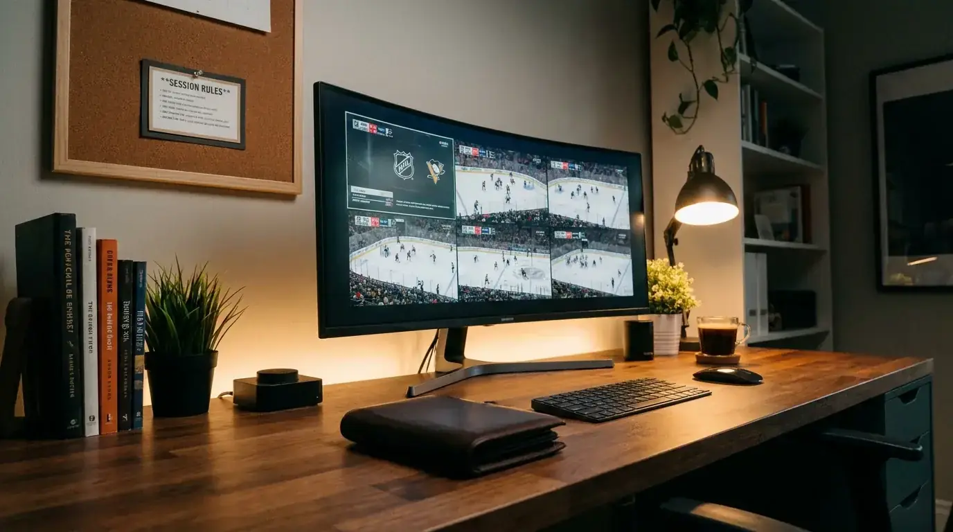 Organised betting desk with session rules pinned above a monitor showing NHL games