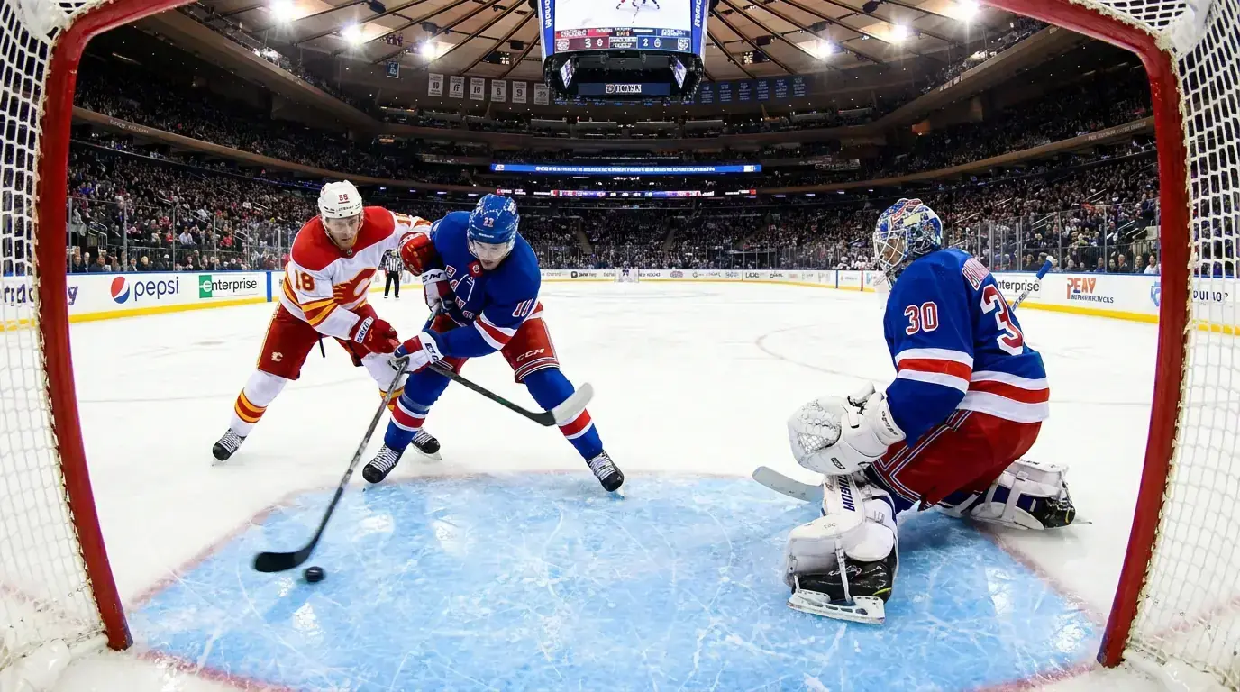 NHL players battling for the puck near the crease during a high-shot-volume game