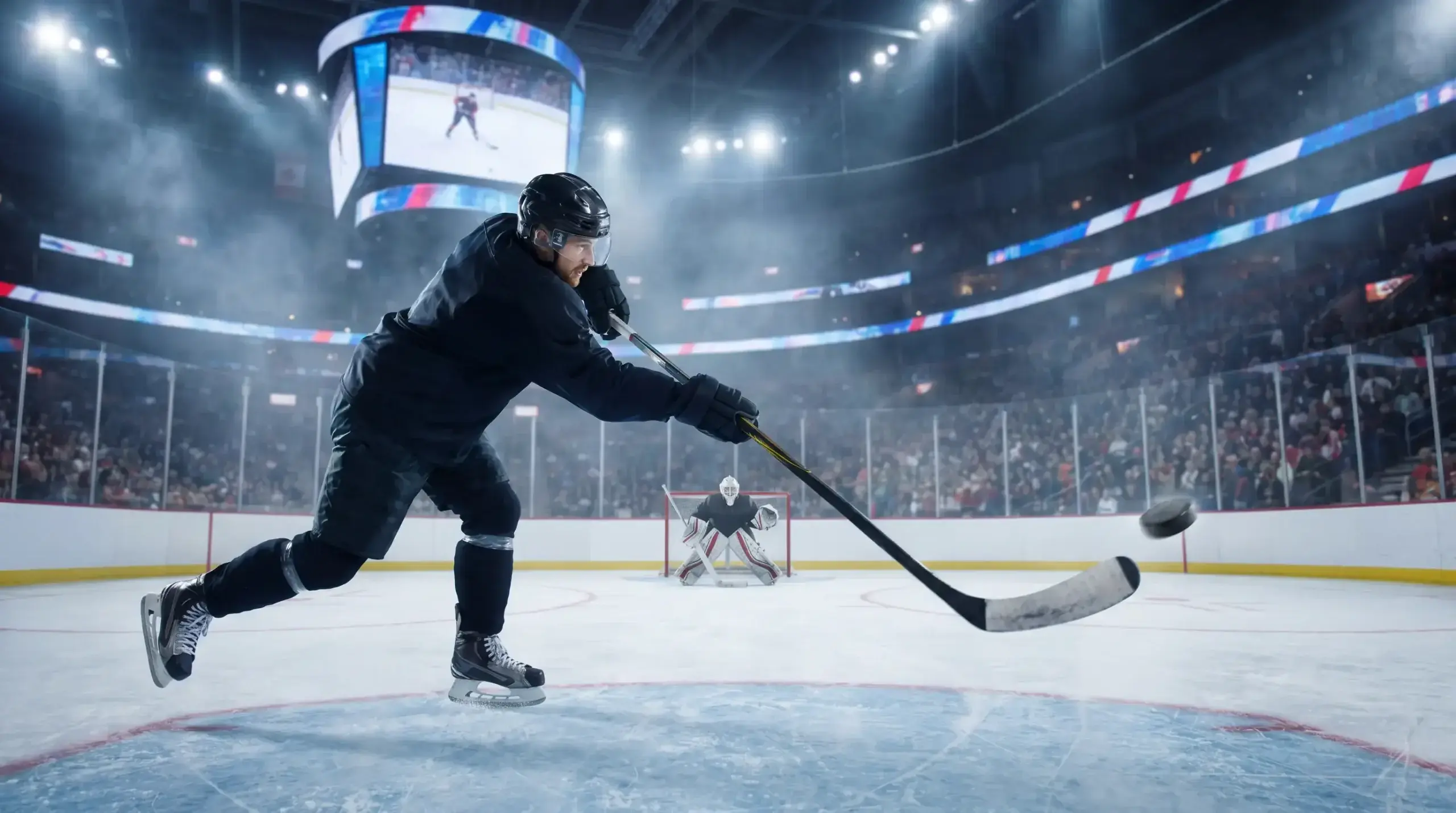 Hockey player winding up for a slap shot from the faceoff circle