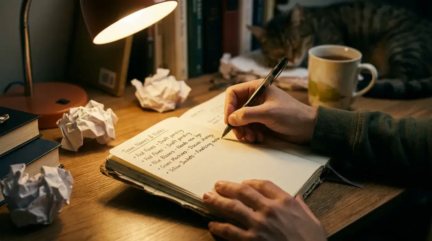 Person writing notes about NHL teams in a planner during pre-season