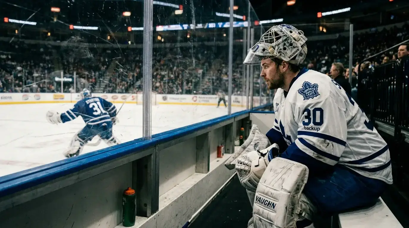 Backup goaltender sitting on the bench watching the starter play