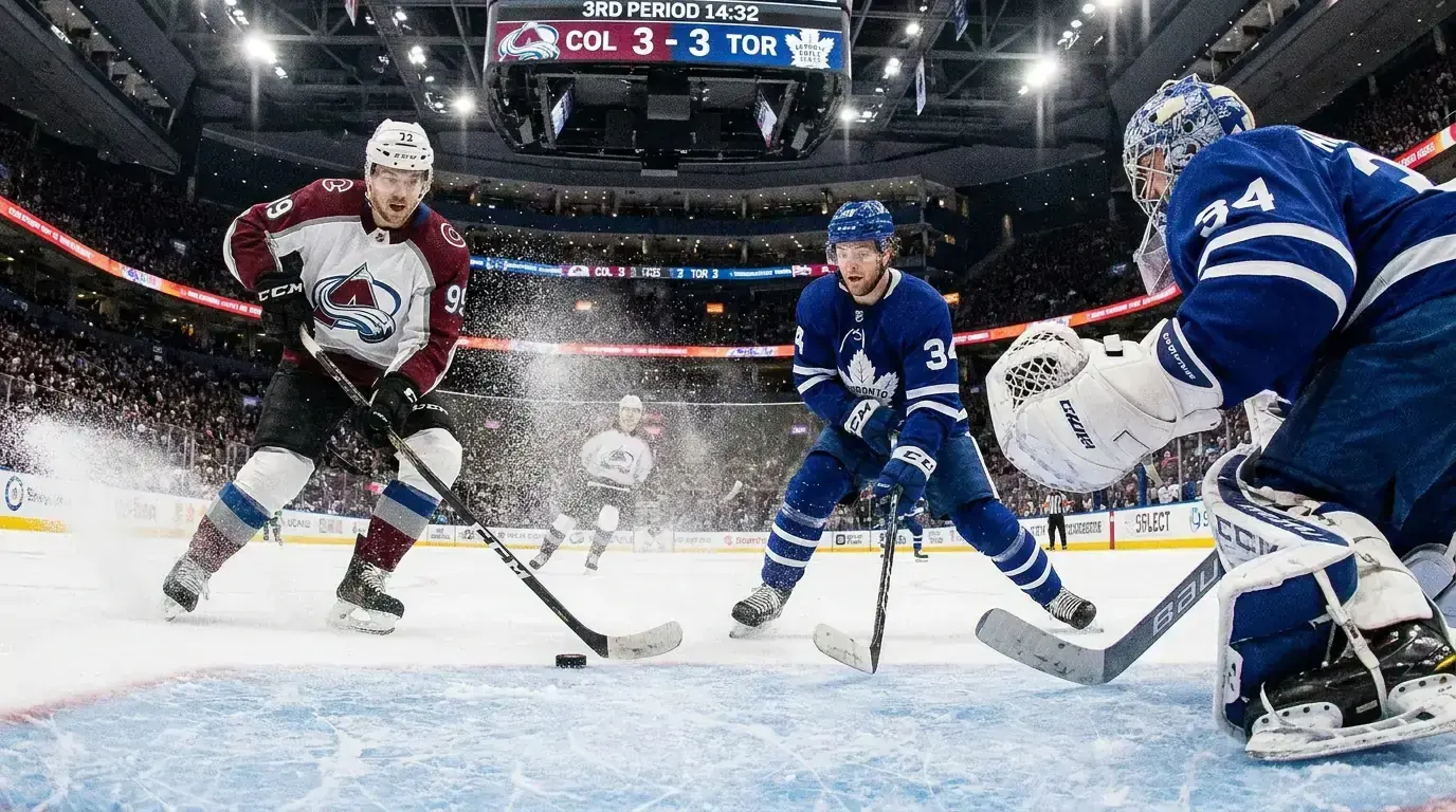 NHL players racing towards the net during a high-tempo third-period scoring chance