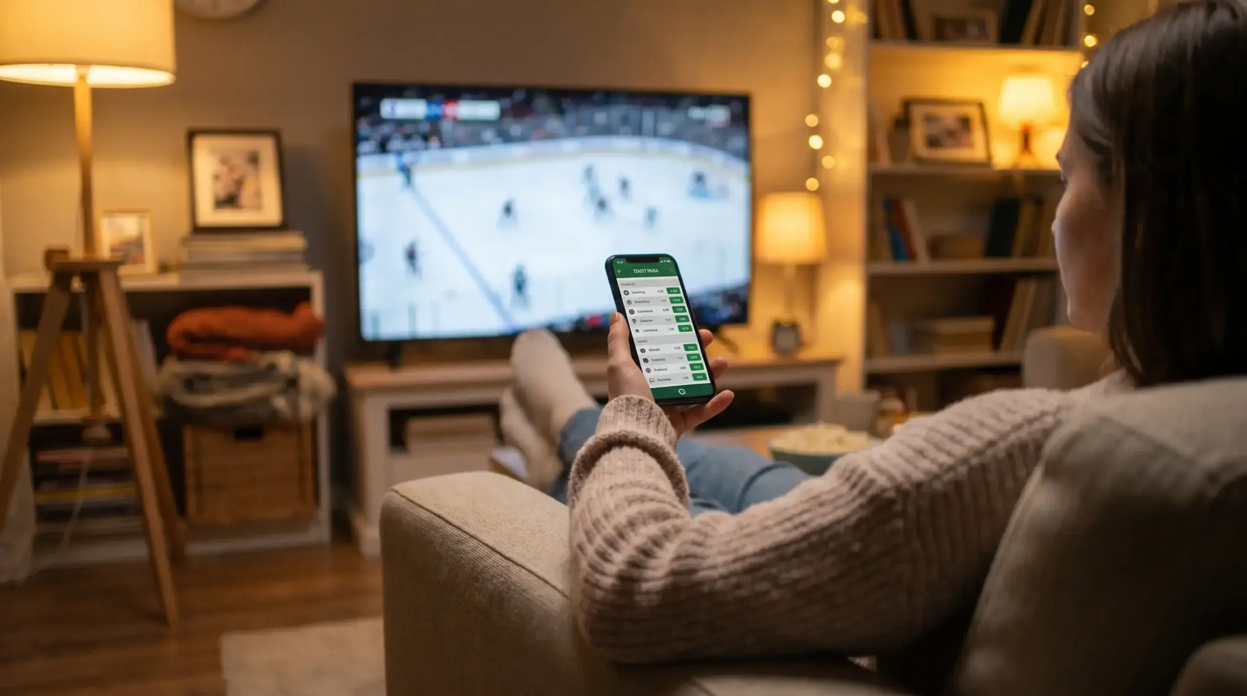 Person browsing sports betting odds on a smartphone in a living room