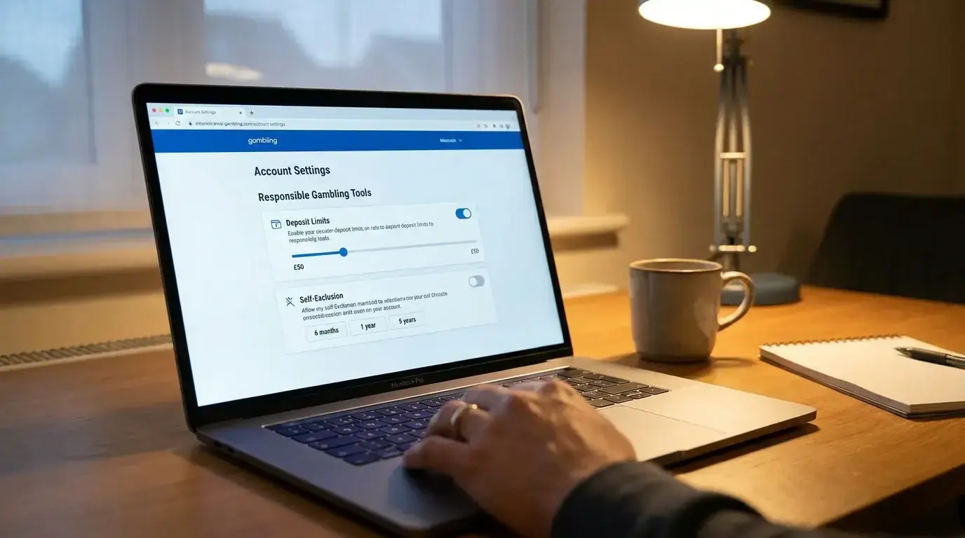 UK bookmaker responsible gambling settings page with deposit limit and cooling-off options