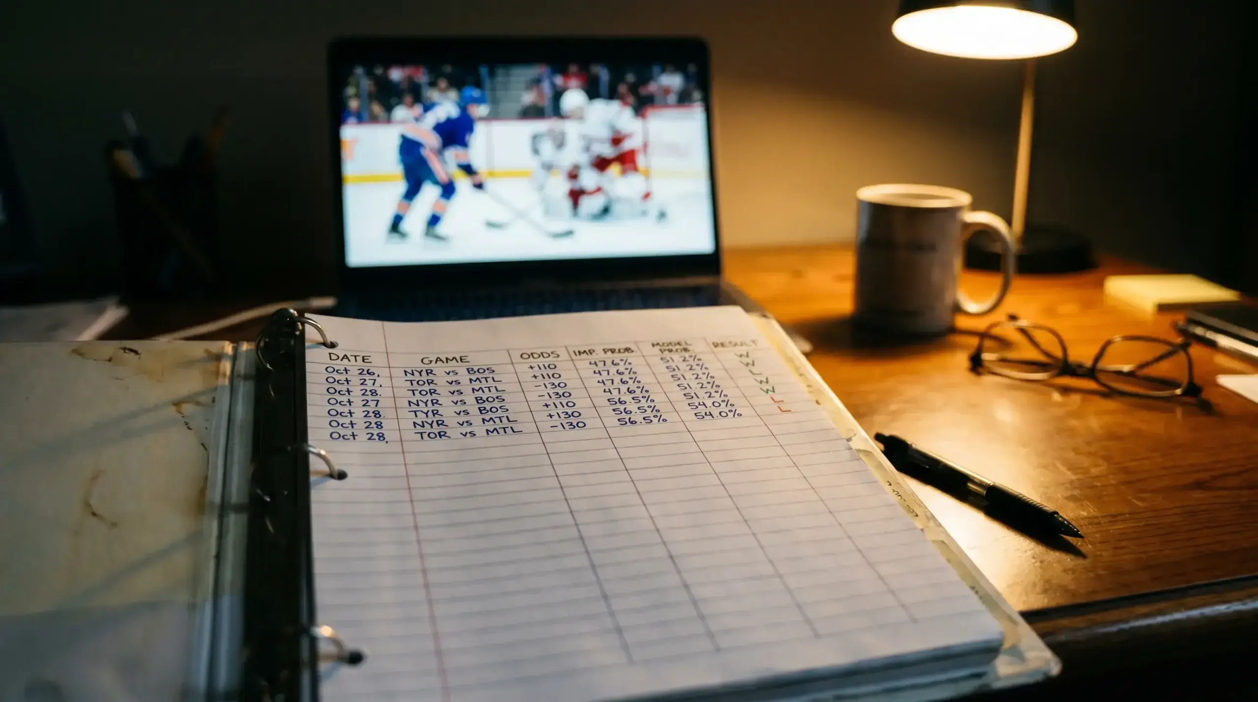 Bettor reviewing a season-long hockey betting log with columns for expected value and closing line results