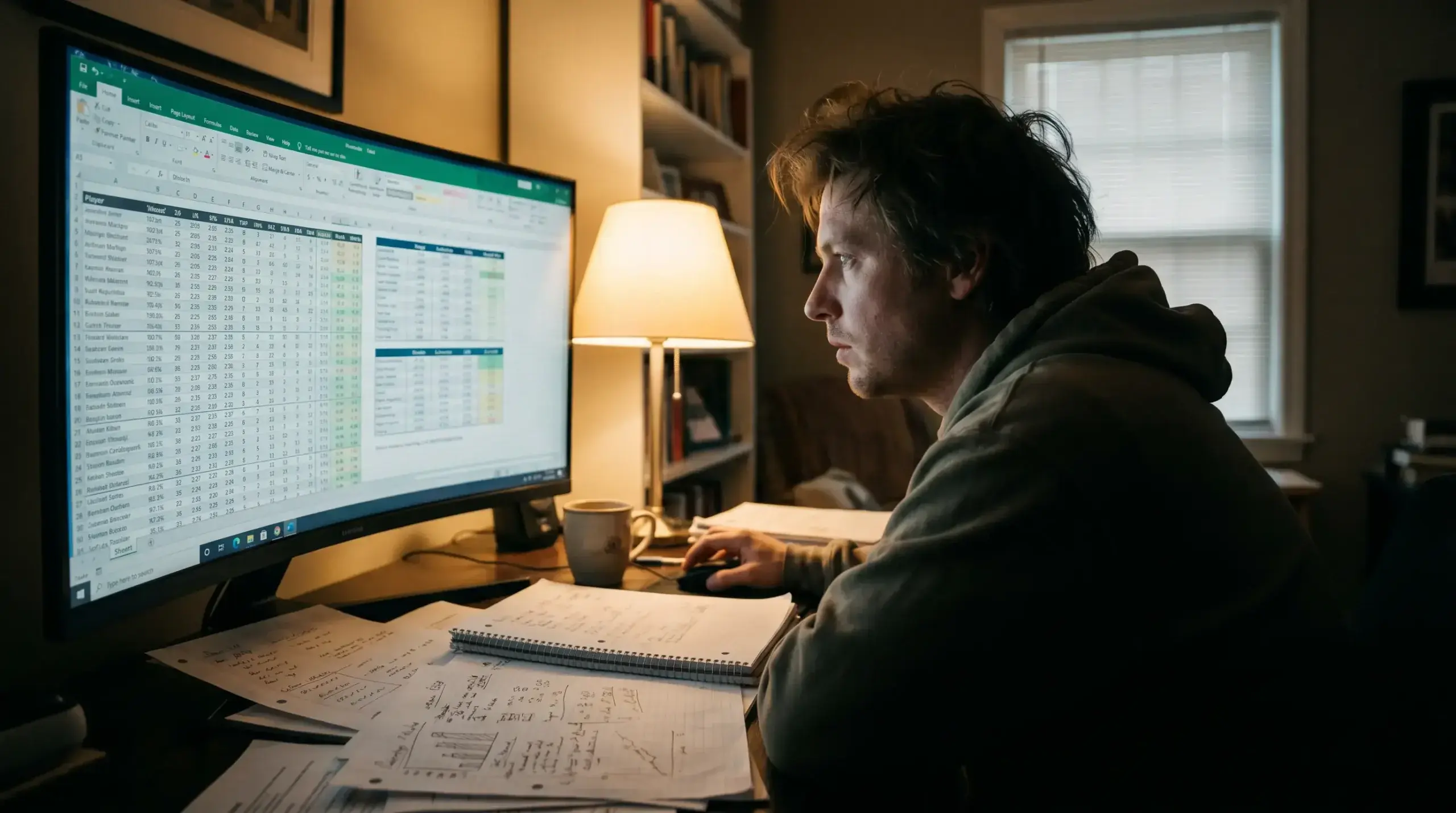 Hockey bettor studying odds on a screen with analytical notes visible beside it